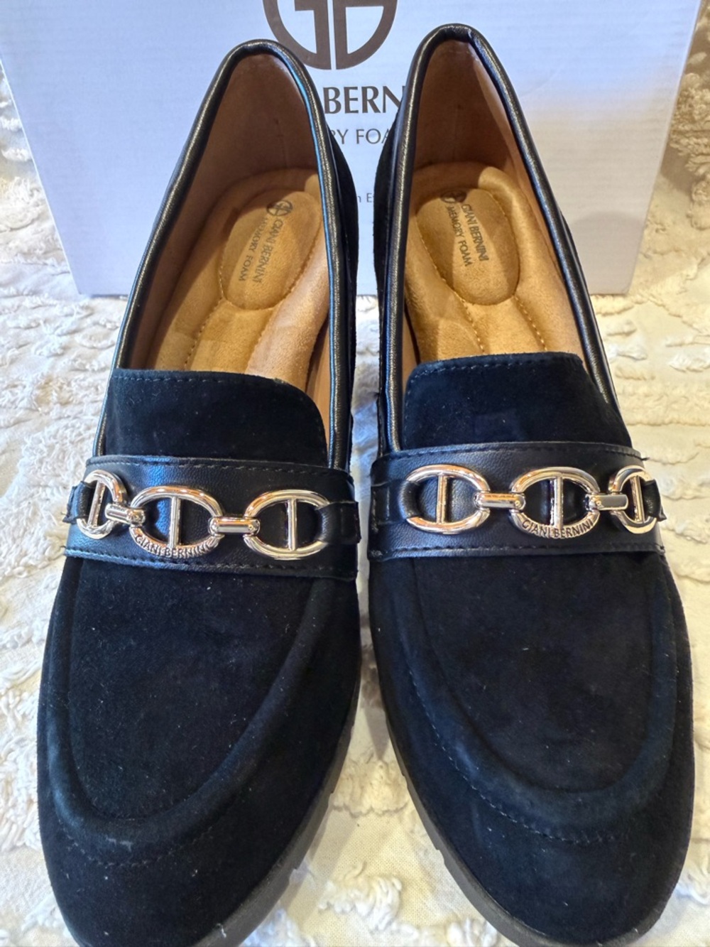 Giani Bernini Black Suede Chain-Trim Block Heel Loafers #649 - Picture 2 of 4